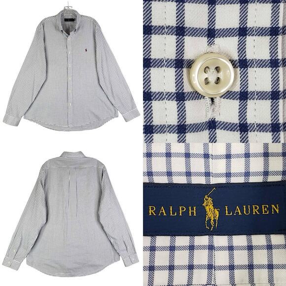 Polo Ralph Lauren Shirt Oxford Button Down Mens Size XL LS White Blue Plaid - Picture 1 of 12